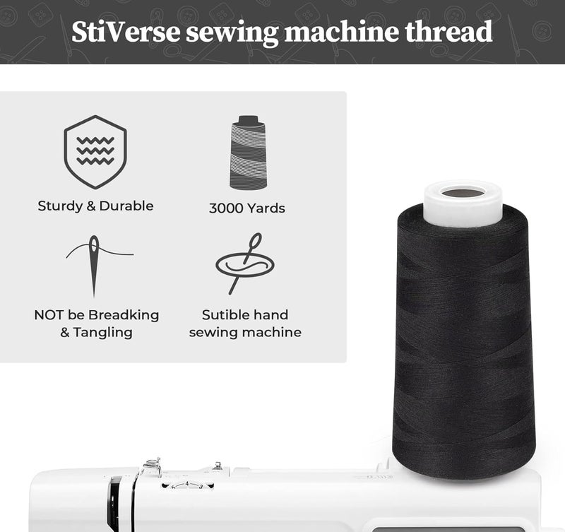 StiVerse Serger Thread 4 Cones 3000 Yards Each Spool All Purpose Polyester Thread 40S/2 for Sewing, Serger, Overlock, Quilting, Piecing - Black, HY1256 - Image 3